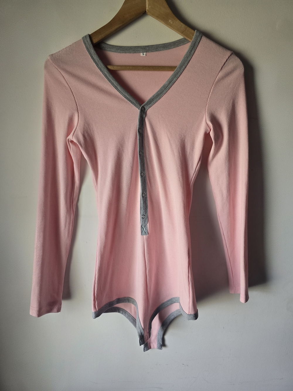 Women's Pink Long-Sleeve Ribbed Henley Bodysuit with Contrast Trim